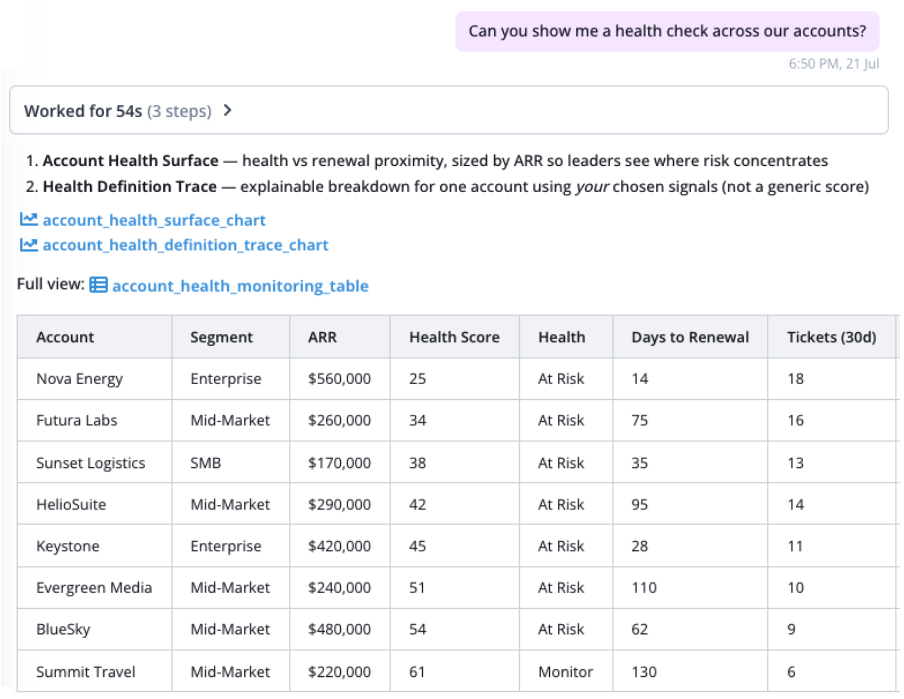 Anko account health check with top accounts at risk table and health signal breakdown