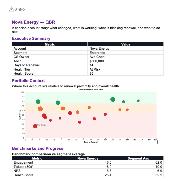 Nova Energy QBR with executive summary, account health risk grid, and segment benchmarks