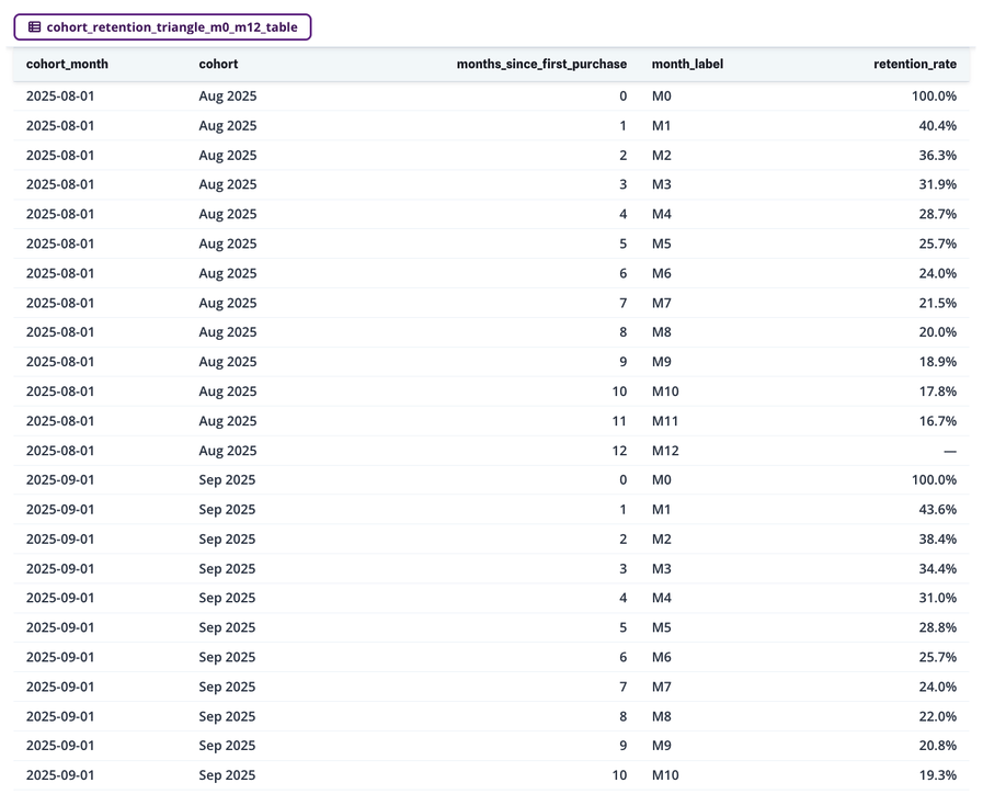Cohort retention analysis table with drop-off points by acquisition channel