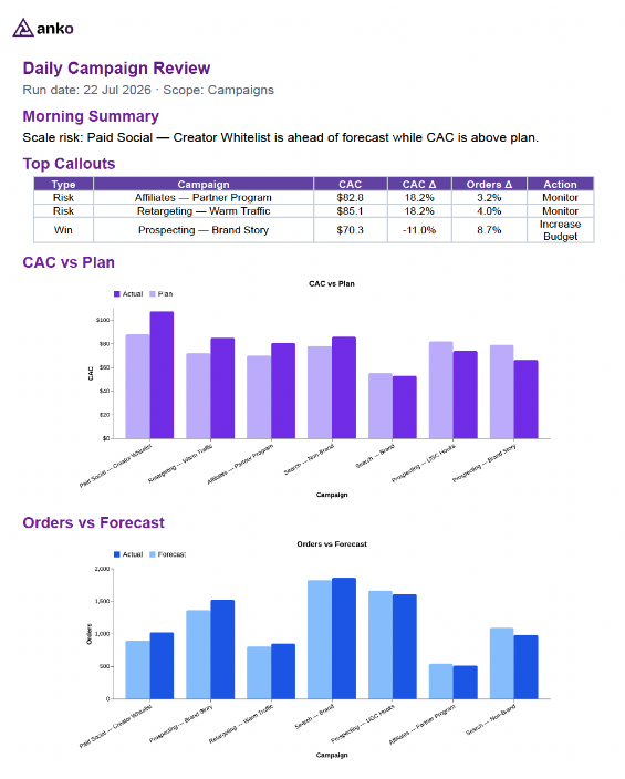 Daily business review narrative with revenue vs target, CAC vs plan, and orders vs forecast