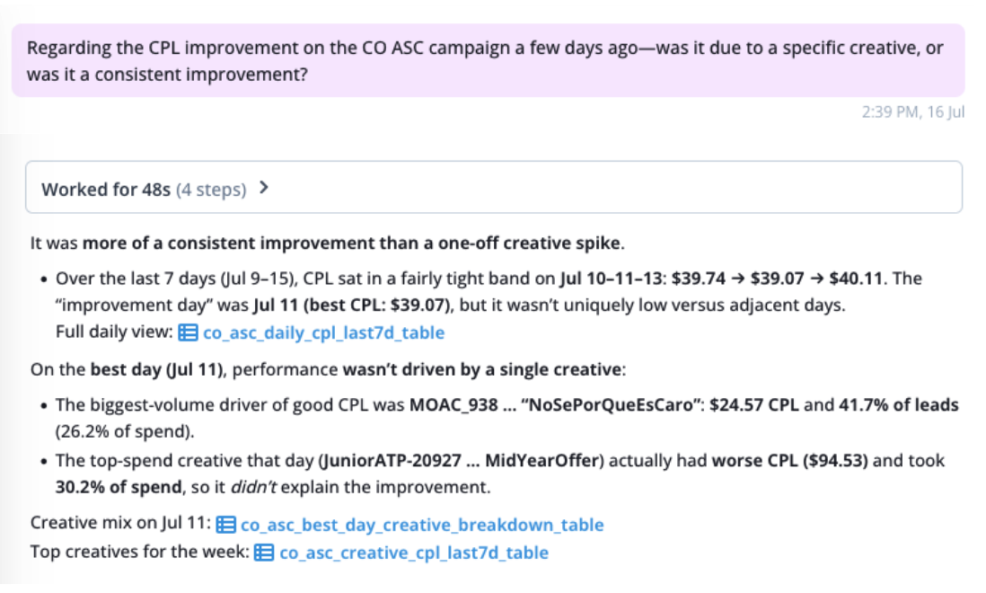 Anko chat answering whether a CPL improvement came from a specific creative or a consistent trend