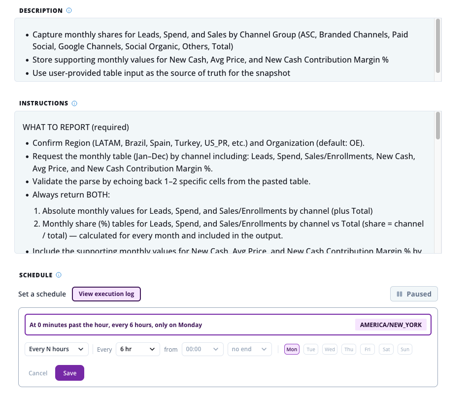 Scheduled workflow configuration for a weekly marketing performance report