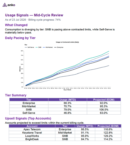 Chart flagging upsell signals and at-risk accounts from usage data